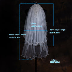 Double Layer Bridal Veil with Faux Pearls & Wavy Edge 1 Meter Long