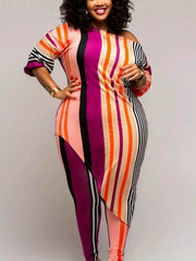 Colorblock Striped Print Longline Tops & Skinny Pants Set