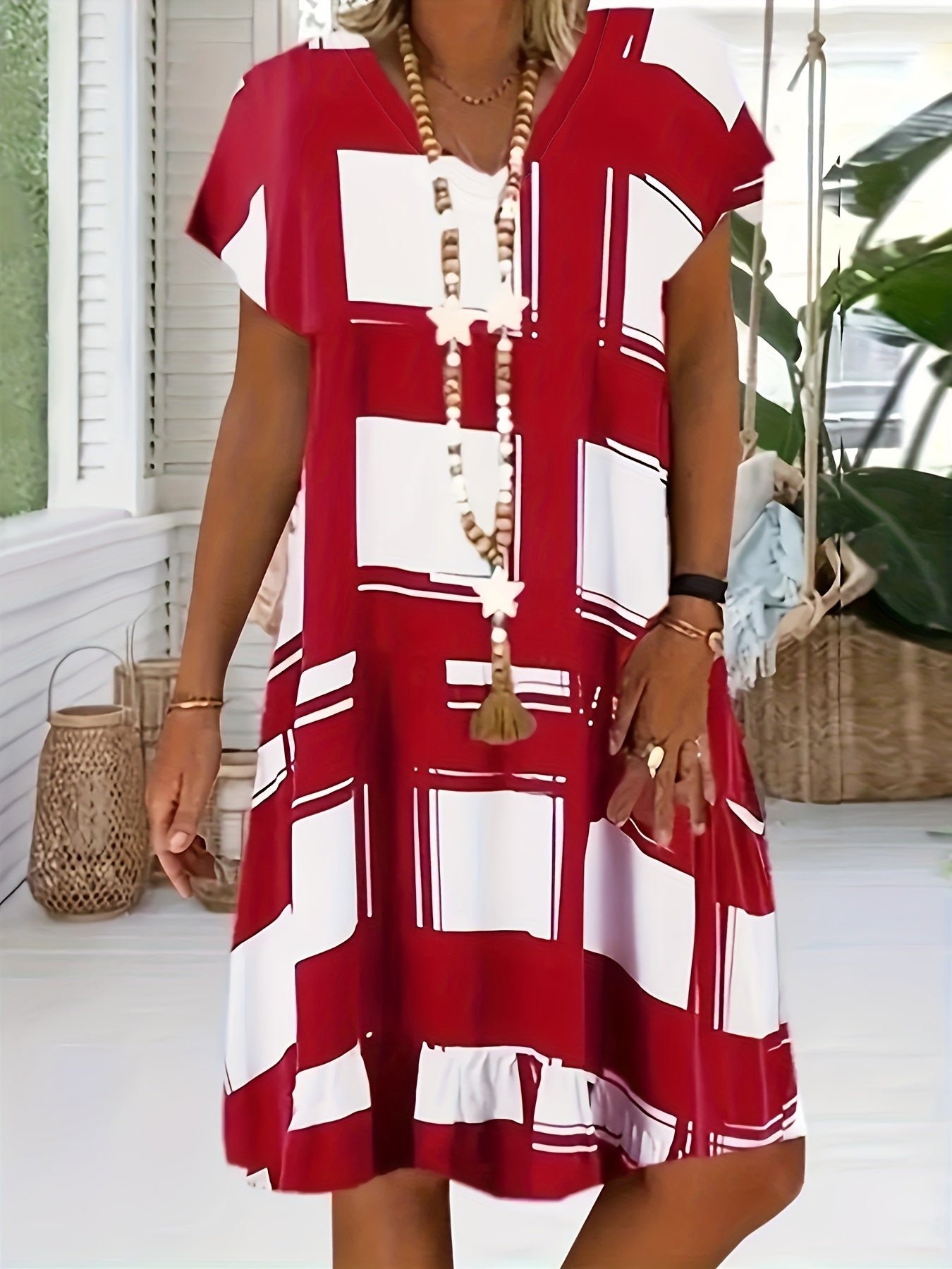 Printed Short Sleeve V-Neck Maxi Dress