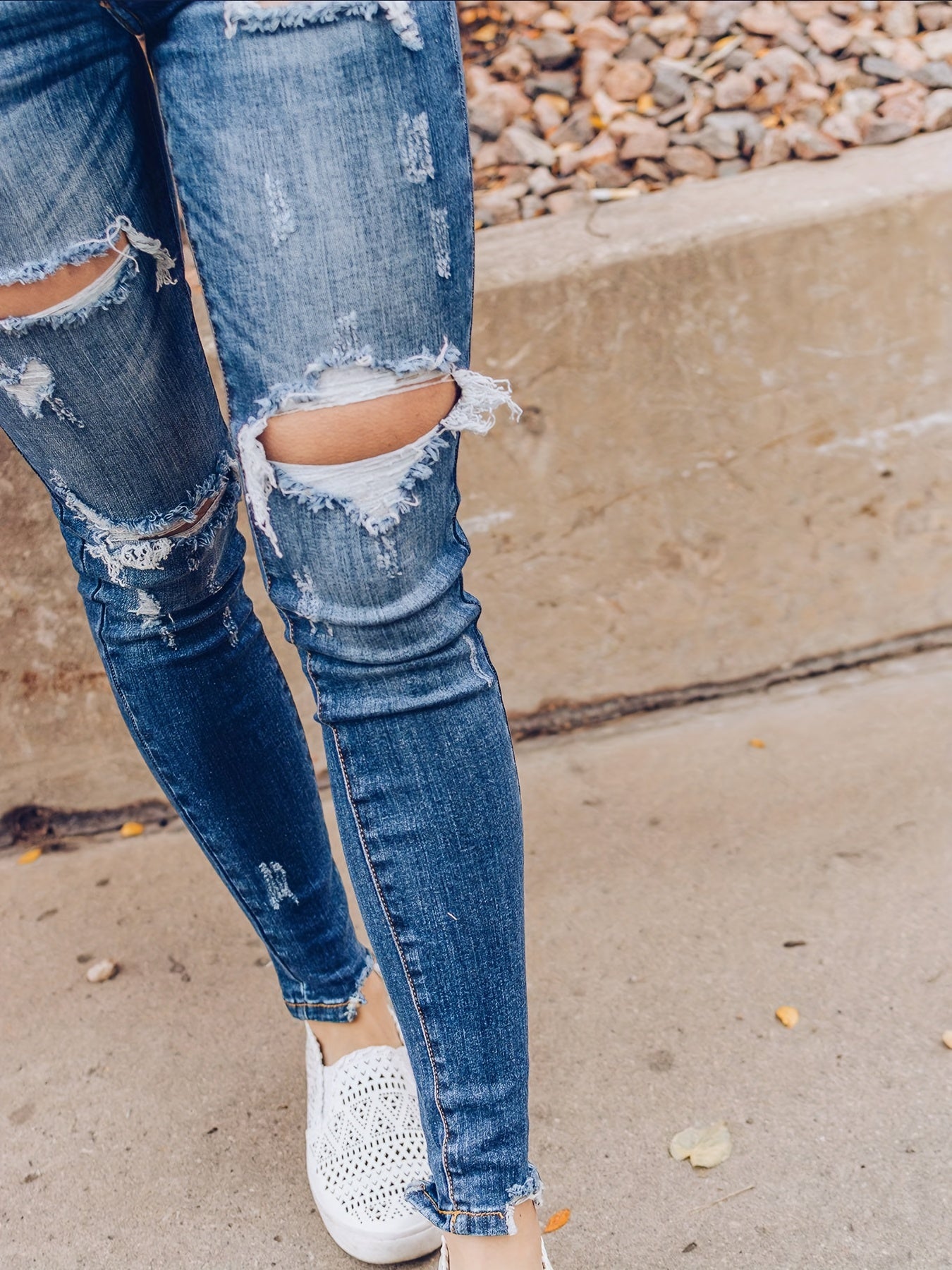Retro Jeans Women's Plus Button Fly Cut Out Ripped High Stretch