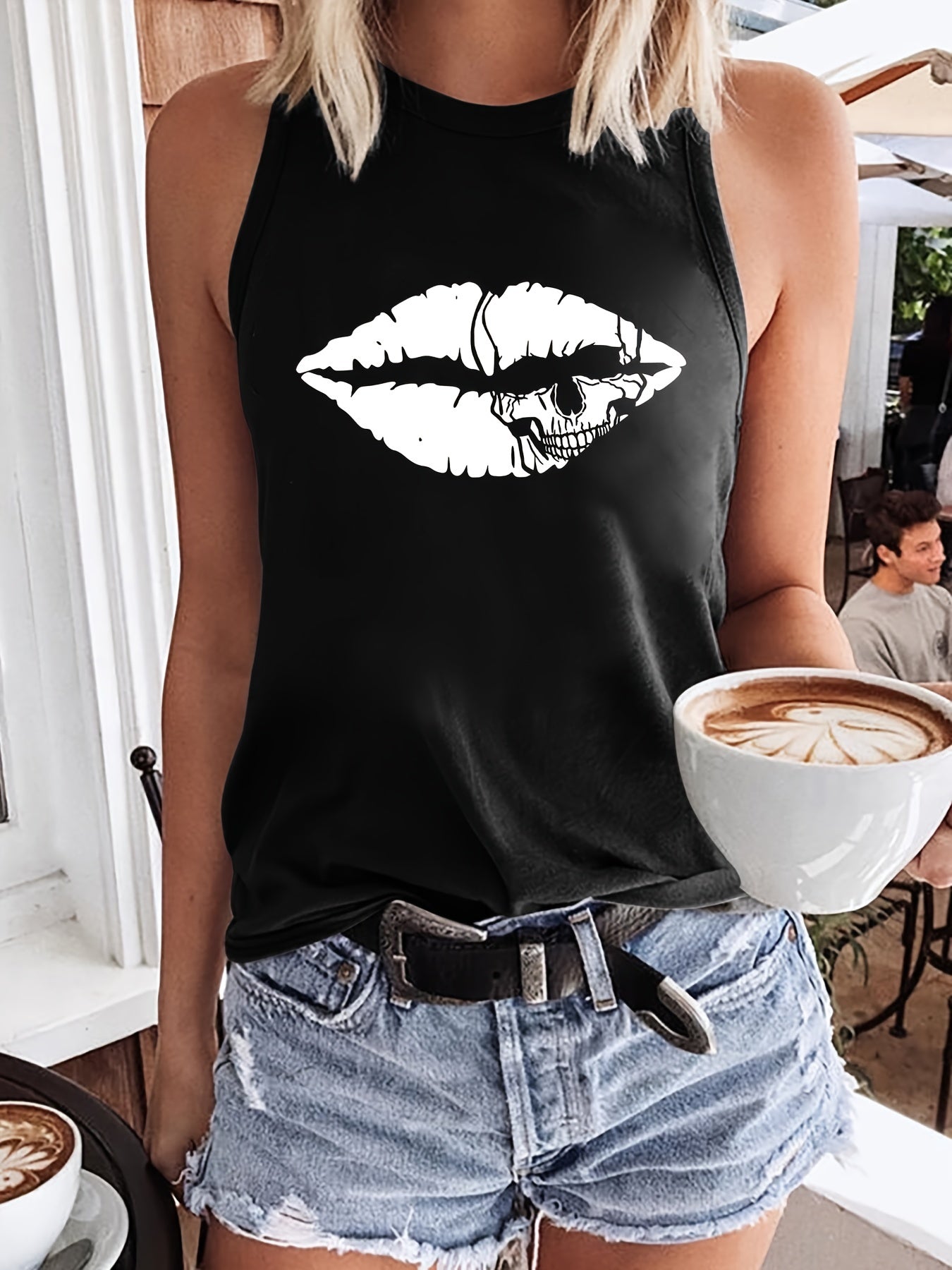 Lip Print Tank Top Crew Neck Summer Sleeveless Top Women's Clothing