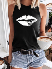 Lip Print Tank Top Crew Neck Summer Sleeveless Top Women's Clothing