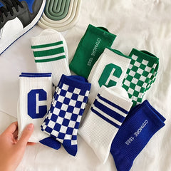 8 Pairs Letter Print Striped Socks Comfy & Breathable Mid Tube Socks