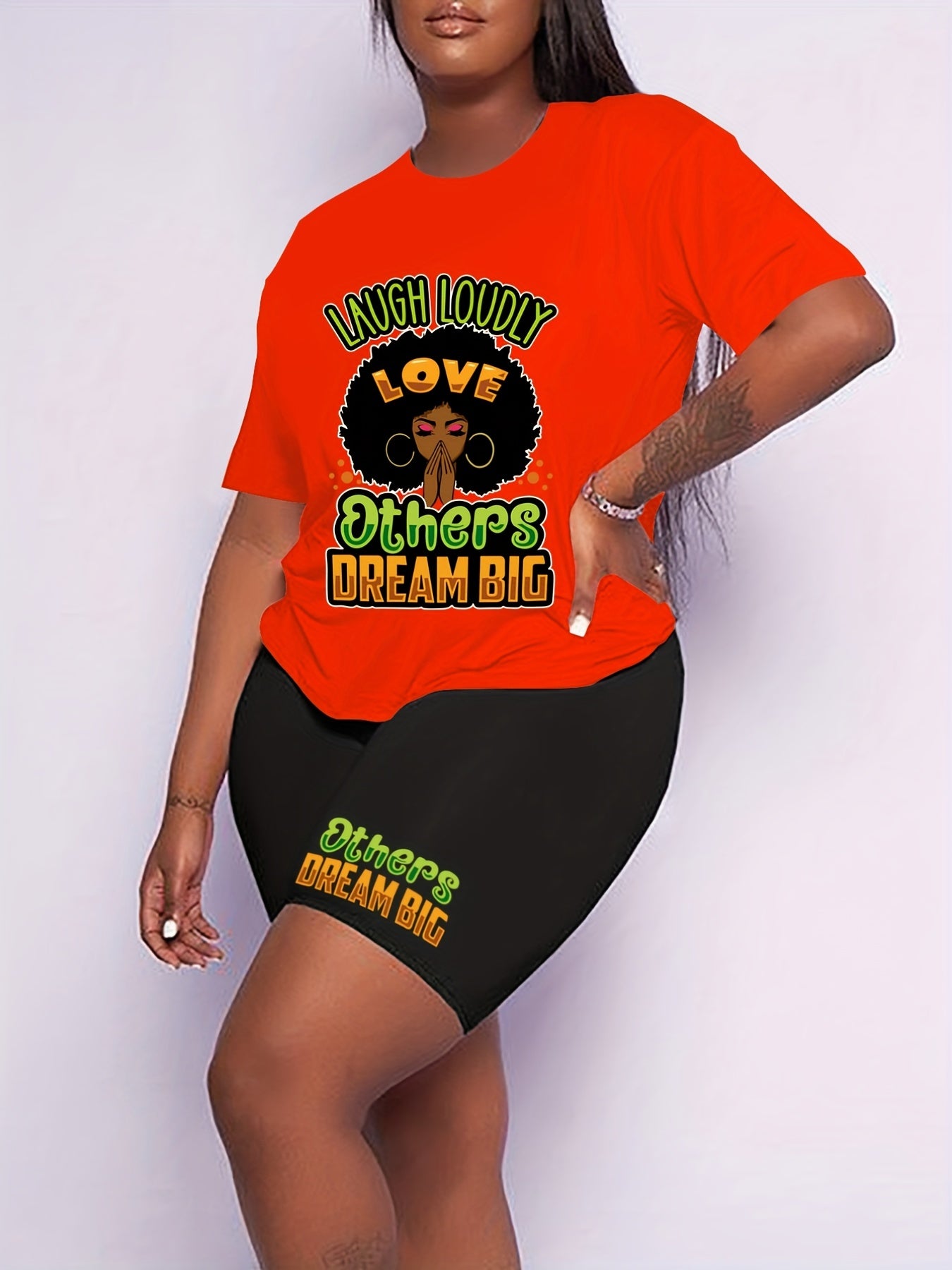 Women's Plus Figure & Slogan Print Top & Shorts Set