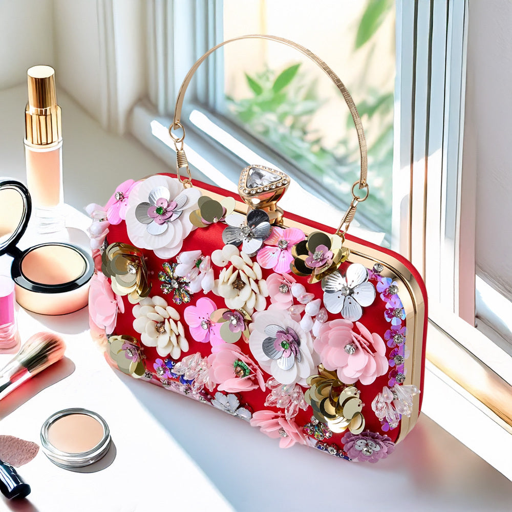 Stylish Red Beaded Clutch with Flowers