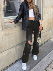 Distressed Straight Jeans Ripped Holes Loose Fit Denim Pants