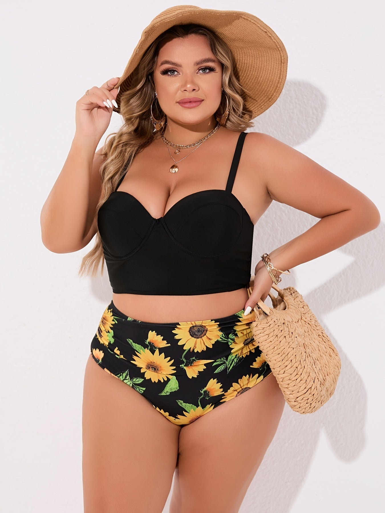 Solid Cami Top & Sunflower Print Pants Swimsuit Set