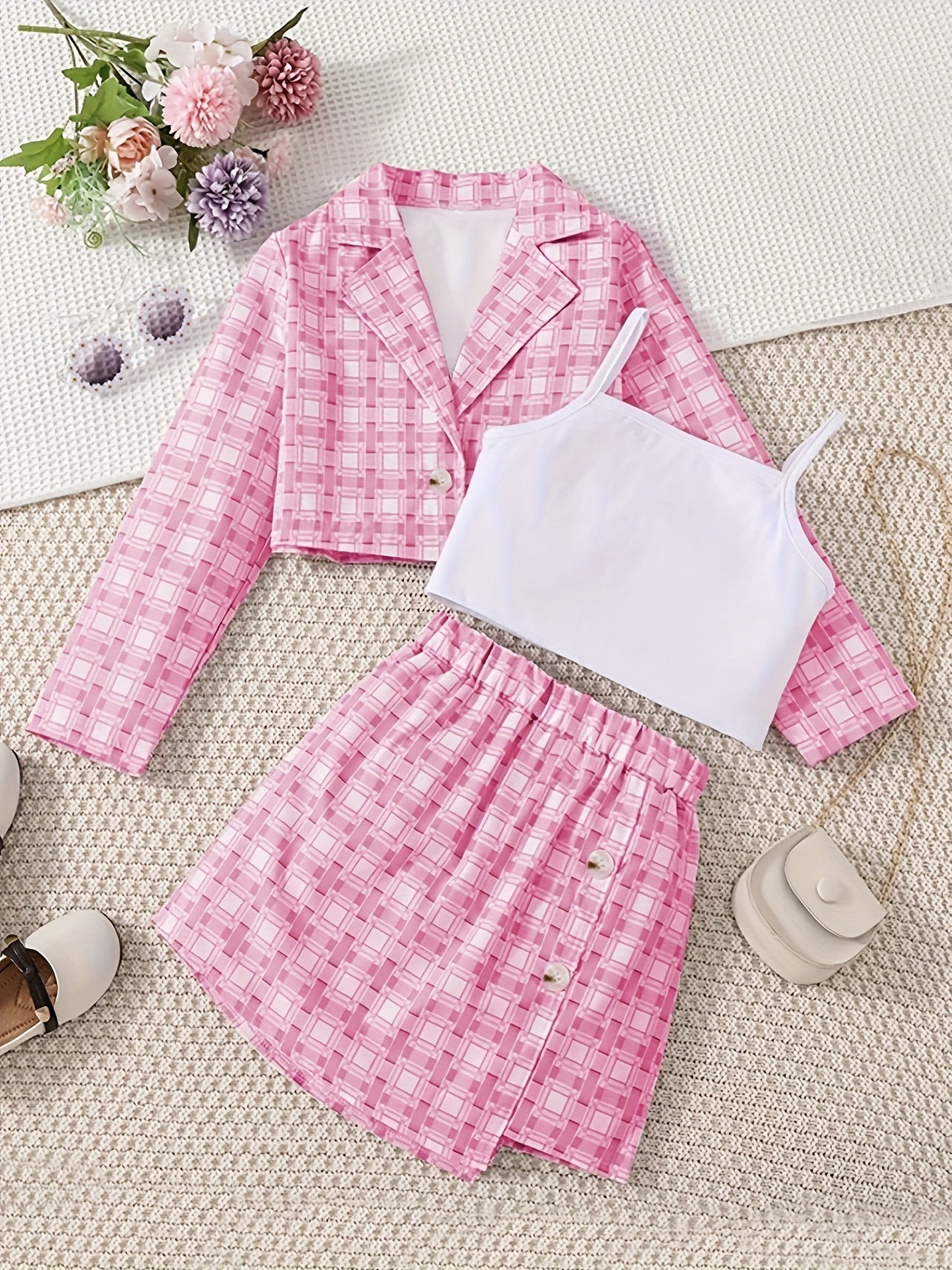 Toddler Girls Plaid 3pcs Set Coat Vest Skirt Kids Clothing