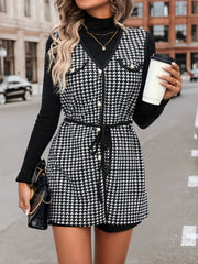 Houndstooth Beaded Button Belted Vest Sleeveless Overcoat