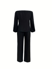 Causal Two piece Set Off Shoulder Lantern Sleeve Button Top & Straight Leg Pants