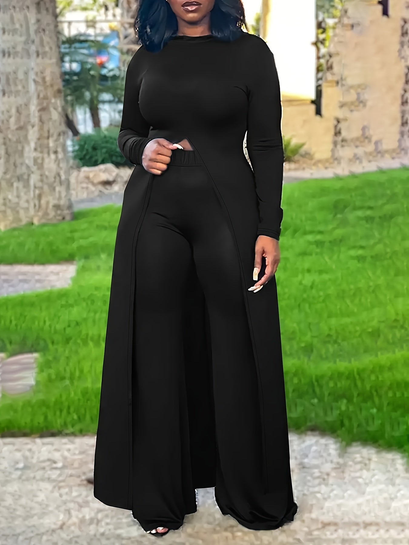 Solid Long Sleeve Hooded Tunic Top & Pants Set