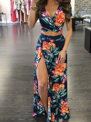 Floral Print Two piece Skirt Set V neck Crop Top & Split Skirt
