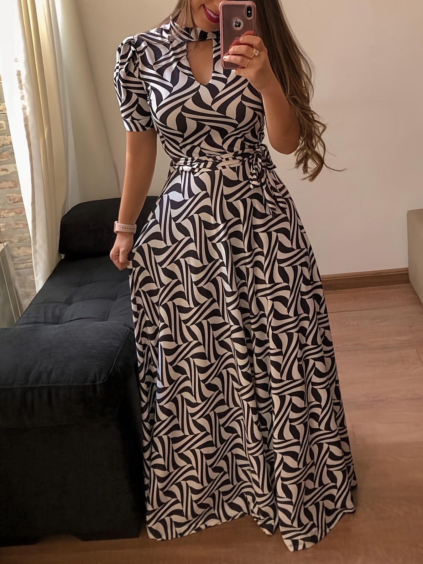 Fluid Print Mock Neck Cut Out Maxi Dress