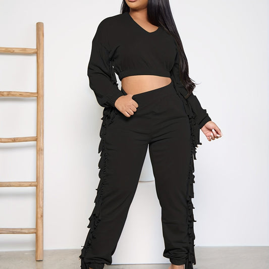 Solid V Neck Ruffle Trim Top & Pants Set