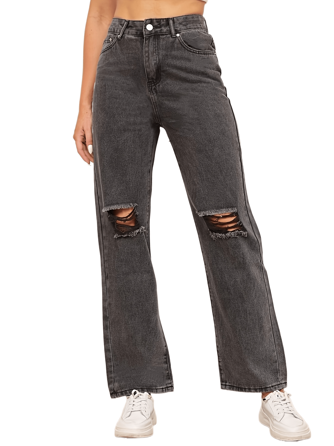 Grey Ripped Straight Jeans Distressed Slash Pockets Loose Fit Denim Pants