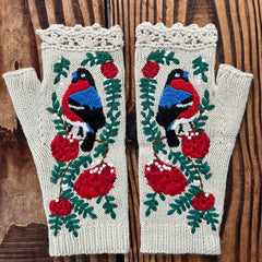 Embroidered Bird Flowers Gloves Arm Warmer Woolen Winter Gloves