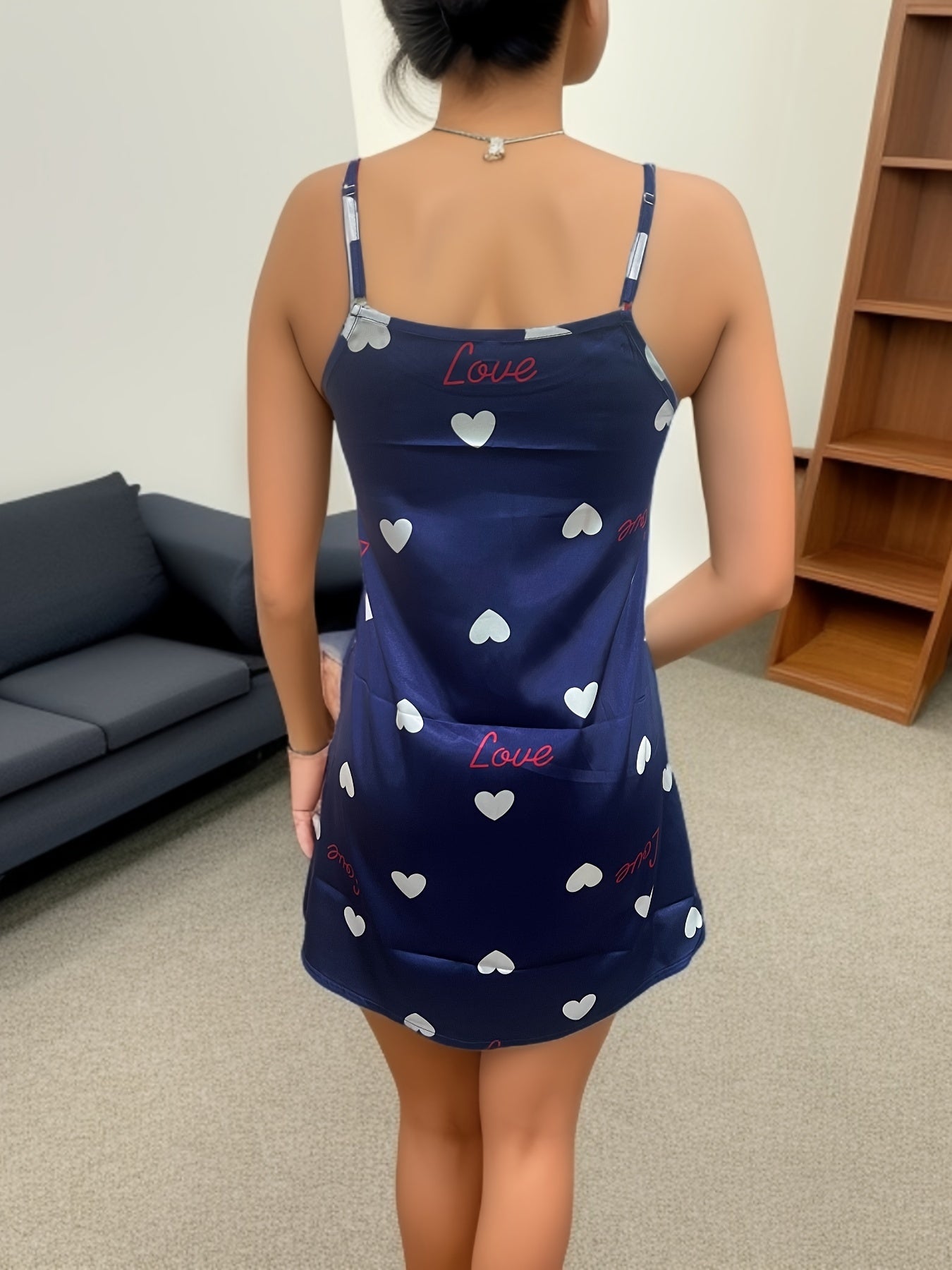 Heart Print NightDress Crew Neck Slip Pajama Dress Sleepwear