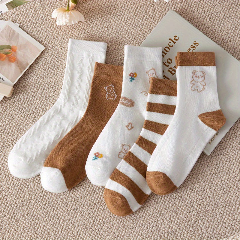 5 Pairs Bear Print Mid Tube Socks Women's Stockings