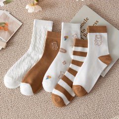 5 Pairs Bear Print Mid Tube Socks Women's Stockings