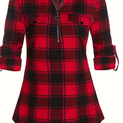 Plaid Print Roll Up Sleeve Notched Neck Blouse