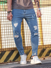 Slim Fit Ripped Cotton Jeans Mens Casual Street Style Distressed Mid Stretch Den