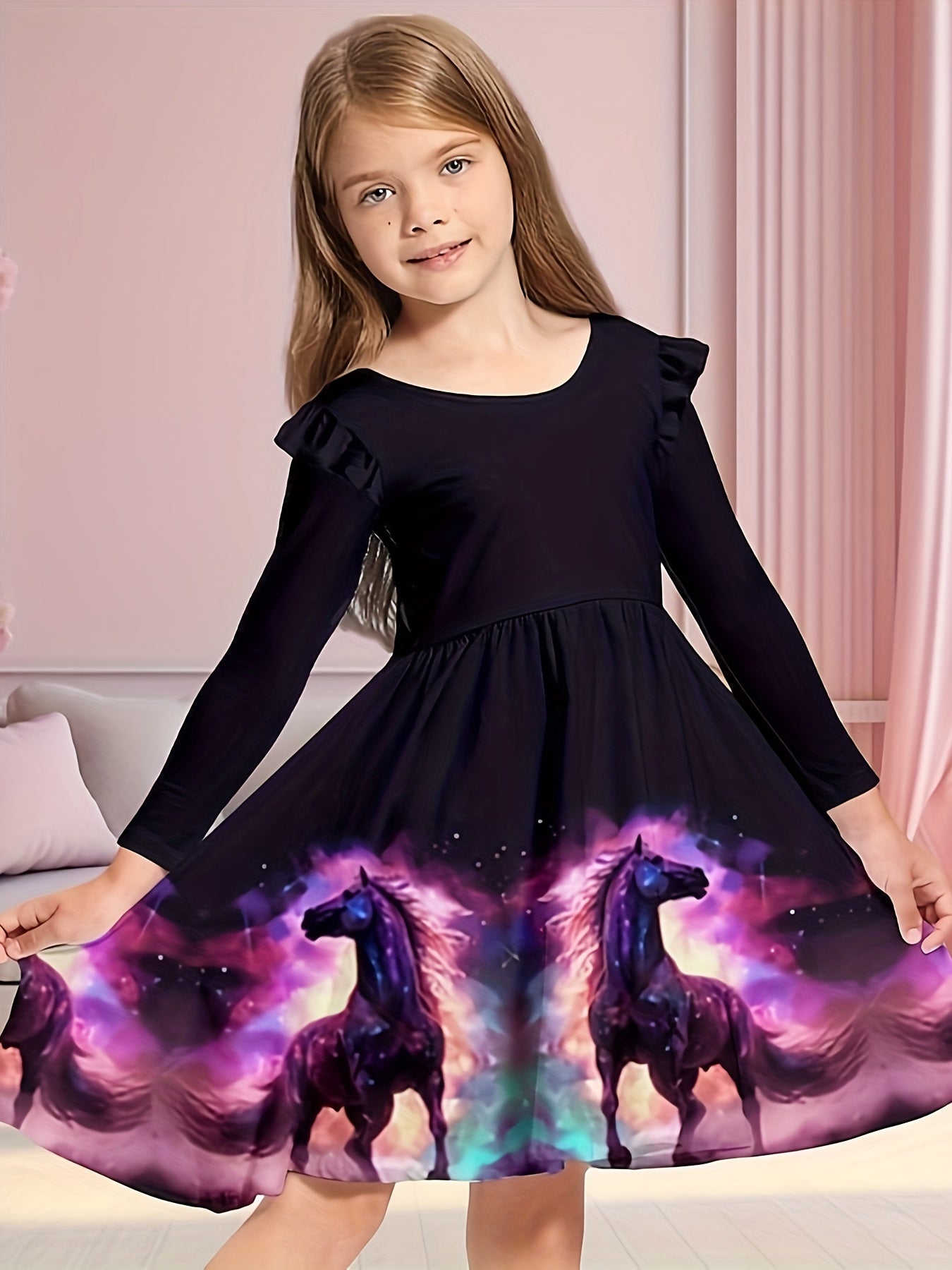 Unicorn Starry Sky Dress with Flutter Trim