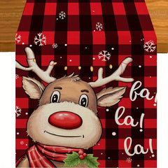 Merry Christmas Linen Table Runner Red Plaid Pattern Holiday Decoration