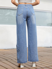 Wide Leg Straight Jeans Loose Fit Slash Pockets Button Detail Denim Pants