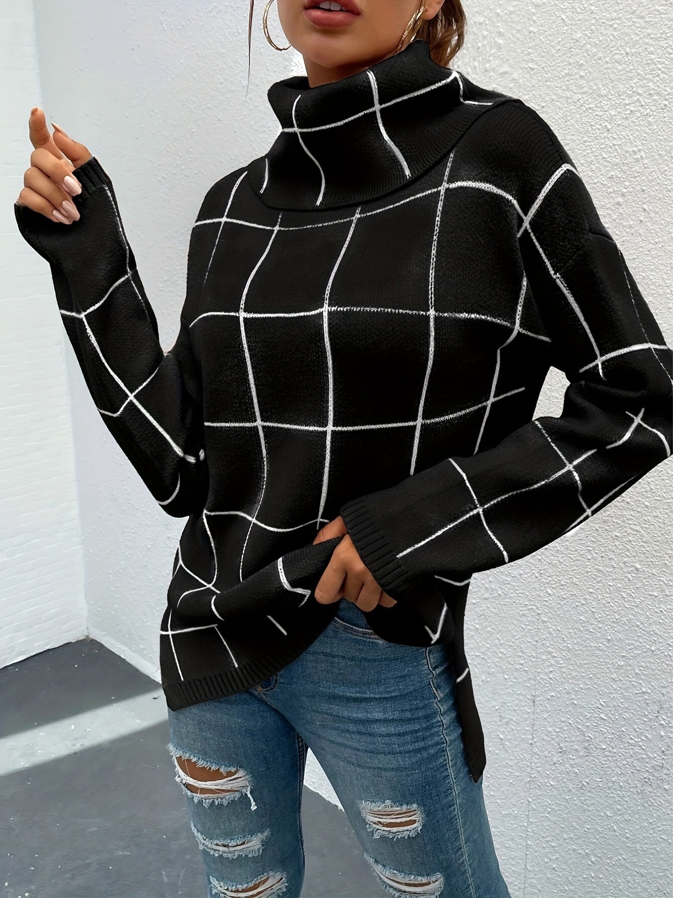 Plaid Print Turtle Neck Sweater for Women