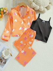 3pcs Heart Pattern Girl's Satin Pajamas Set Top & Cami & Pants