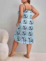 Anchor Print Ruffle Trim Cami Sleep Dress