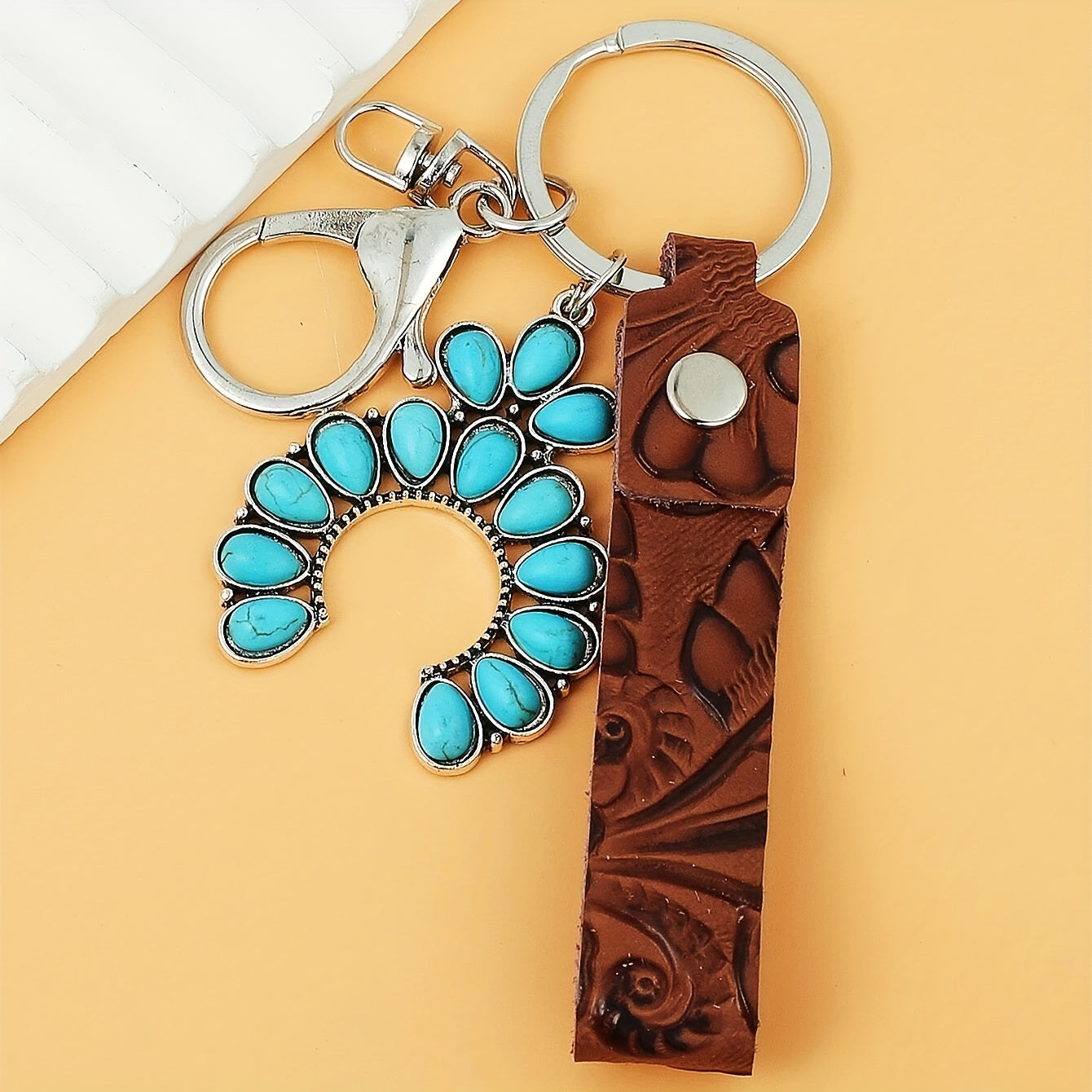 Vintage Western PU Leather Turquoise Pumpkin Flower Cross Keychain