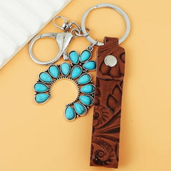 Vintage Western PU Leather Turquoise Pumpkin Flower Cross Keychain