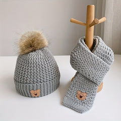 Kids Bear Woolen Hat Scarf Set Winter Warm Plus Velvet
