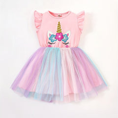 Toddler Girls Ruffle Trim Cartoon Unicorn Dress