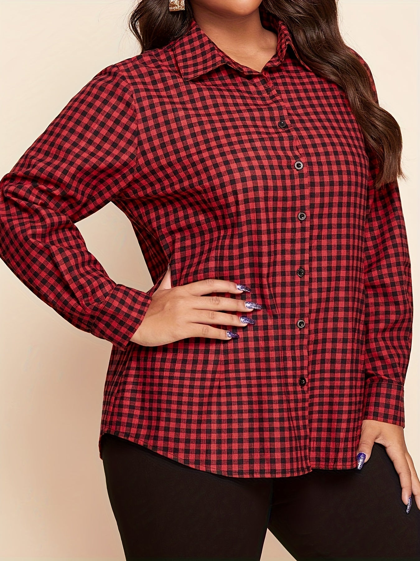 Plus Plaid & Skull Print Lace Button Up Long Sleeve Shirt Top