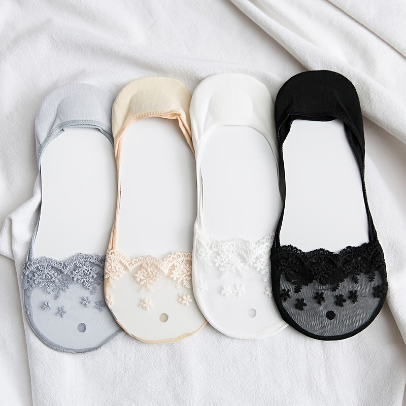 4 Pairs Lace Invisible Socks Ultra thin Breathable Non slip Boat Socks