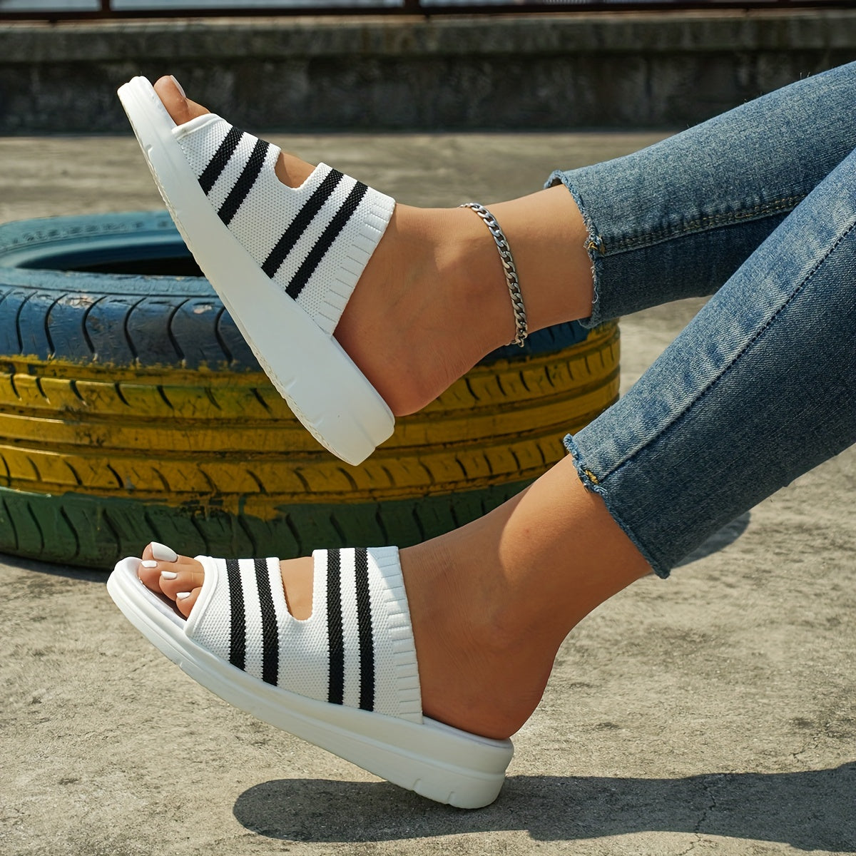 Striped Pattern Slippers Thick Bottom Sandals
