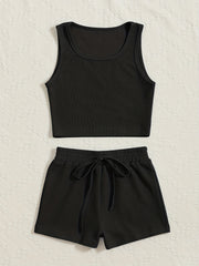 Girl's Ribbed Tank Top & Shorts Set Solid Casual Outfits for Summer