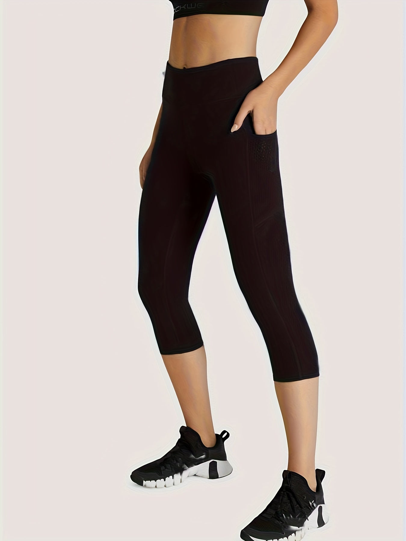 Yoga Cropped Leggings Solid High Stretch Tight Pants With Pocket