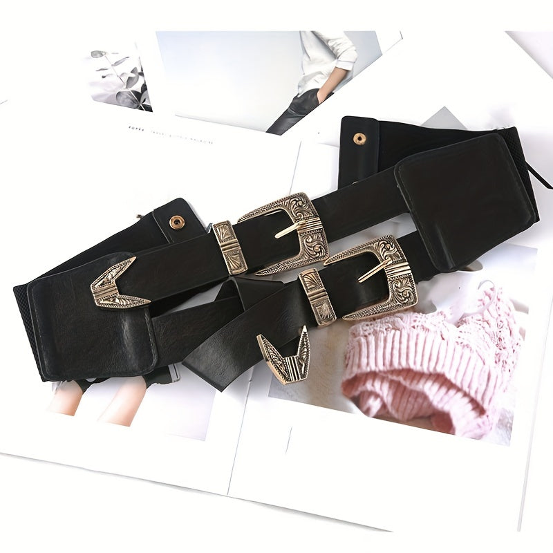 Double Layer Carved Buckle Belt Gothic Vintage Wide Waistband Women Coat Girdle