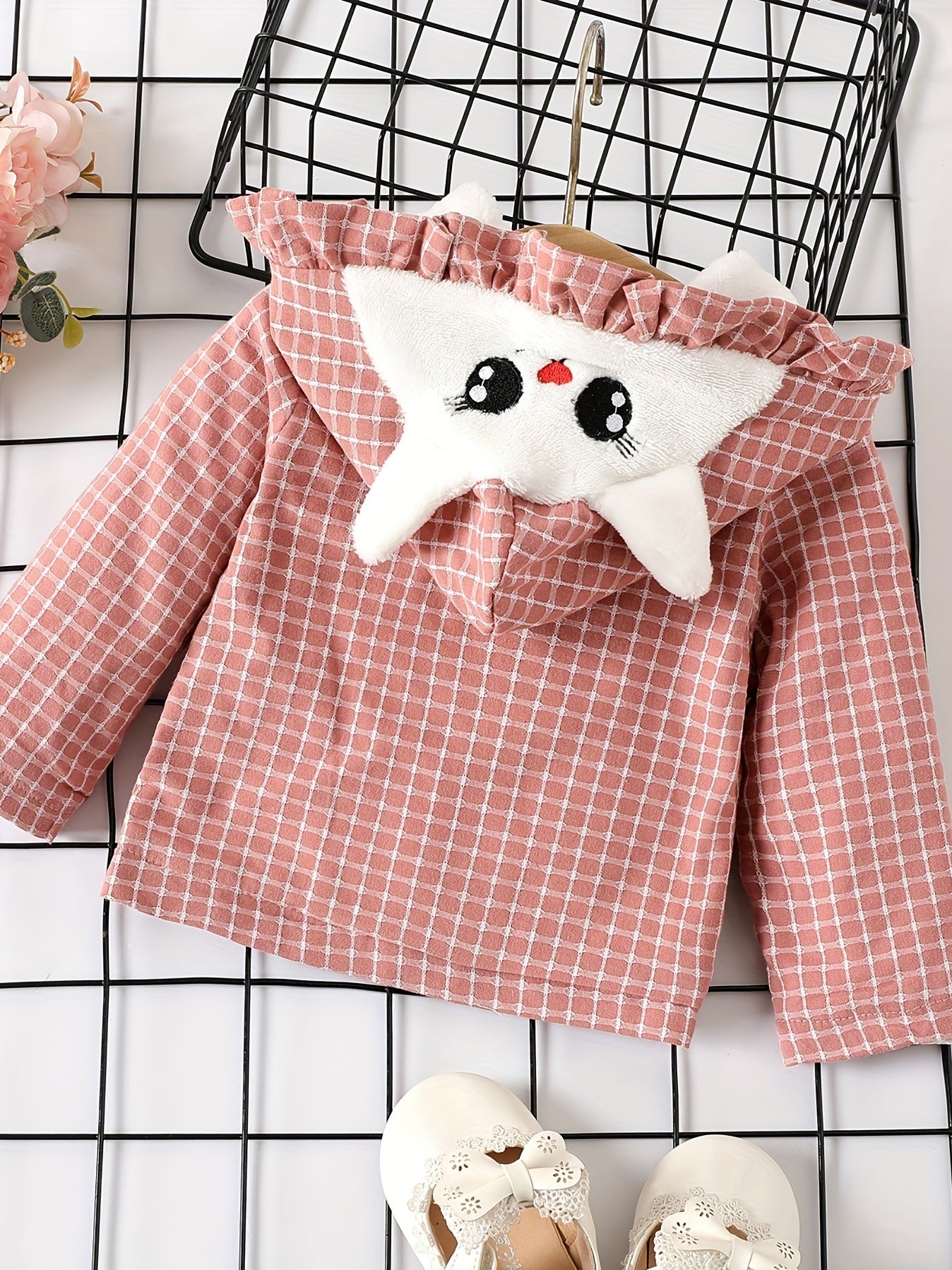 Toddler Baby Girls Pink Gingham Coat With 3D Animal Ears