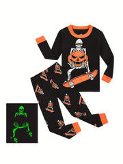 2pcs Halloween Pumpkin Print Boys Pajamas Set Long Sleeve T shirt & Pants