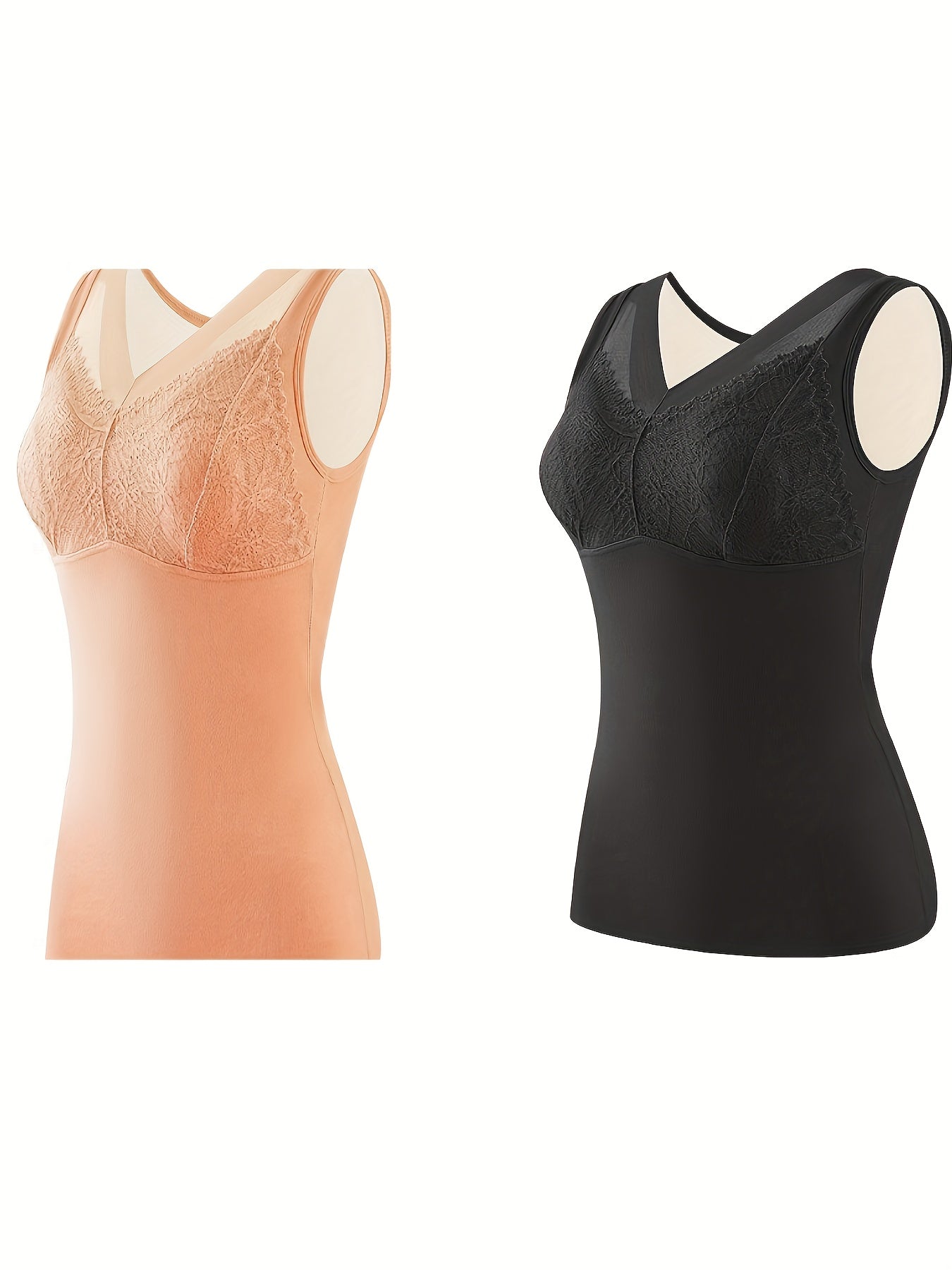2pcs Lace Thermal Underwear V Neck Sleeveless Top Women's Lingerie