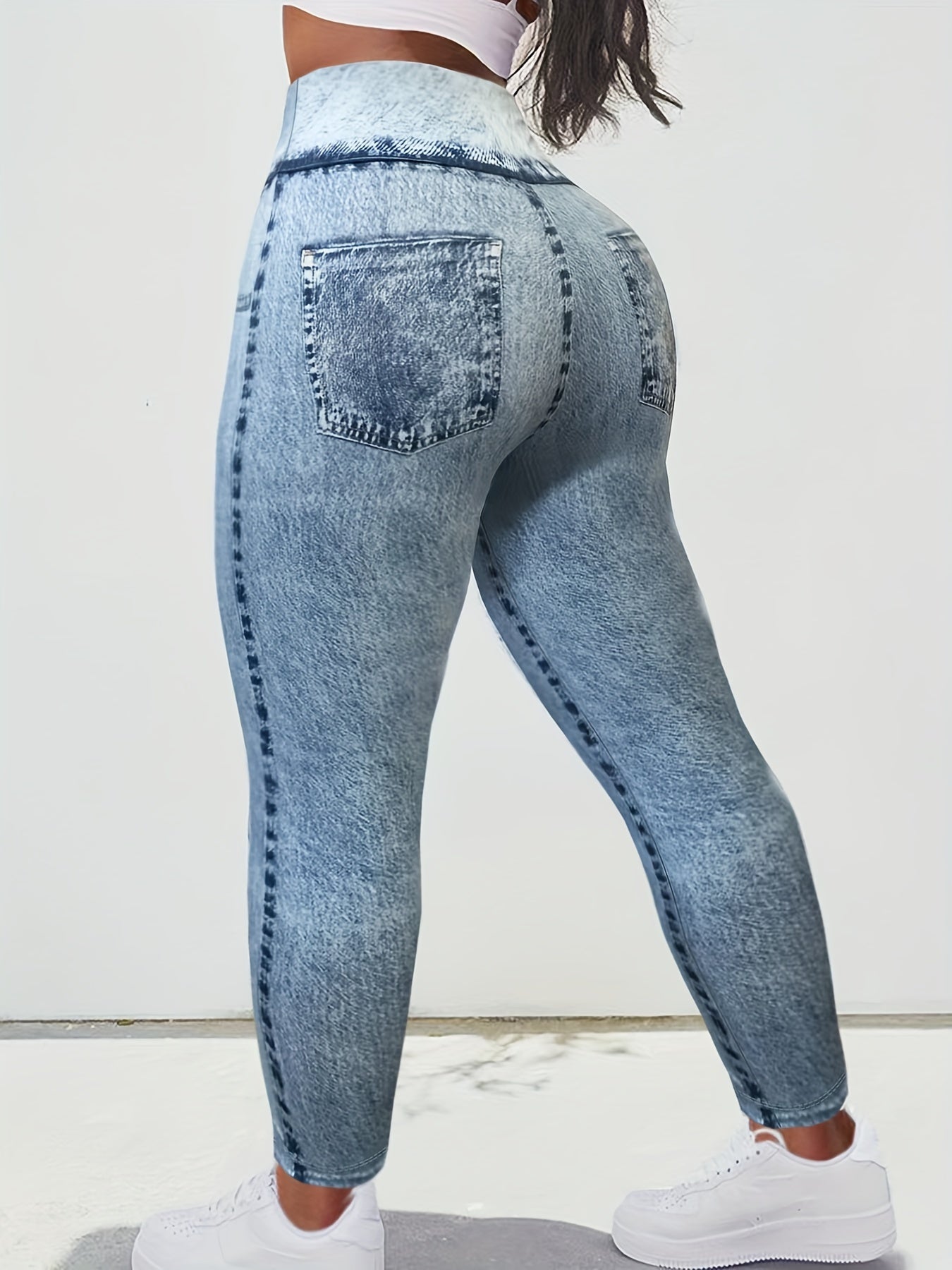 Denim Print High Waisted Plus Size Leggings for Women, Tummy Control Yoga Pants