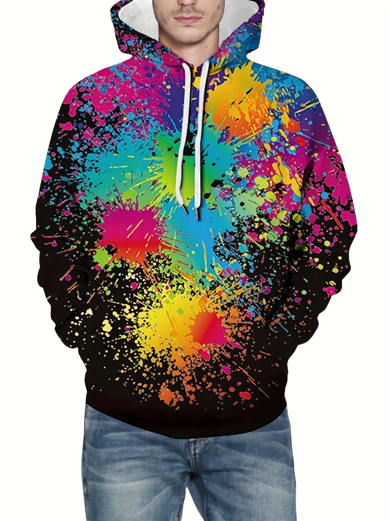 Colorful Paint Print Hoodies For Men Graphic Hoodie With Kangaroo Pocket