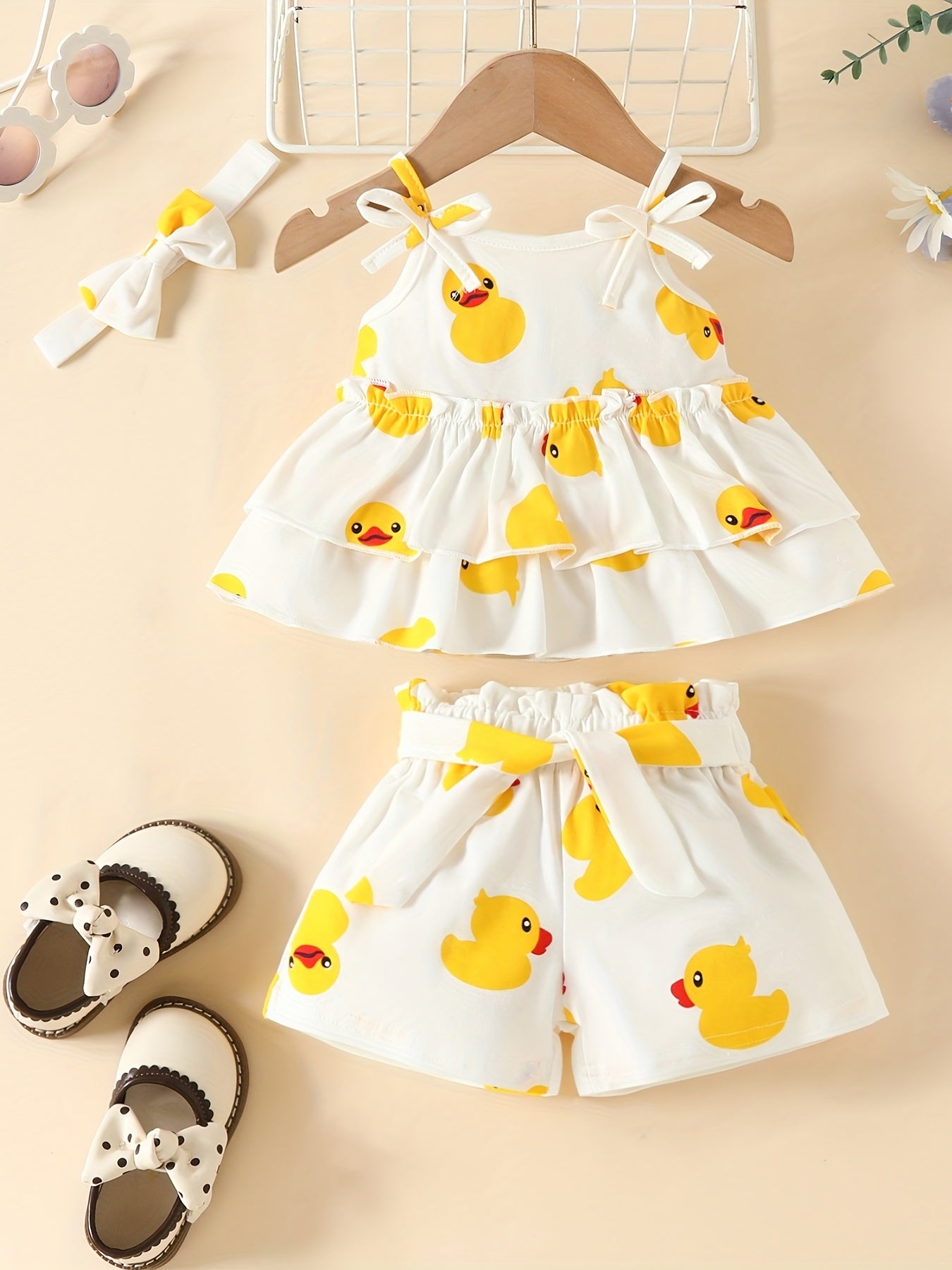 3pcs Baby Girls Duck Pattern Camisole Top & Shorts Set