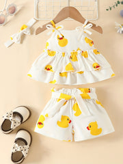 3pcs Baby Girls Duck Pattern Camisole Top & Shorts Set
