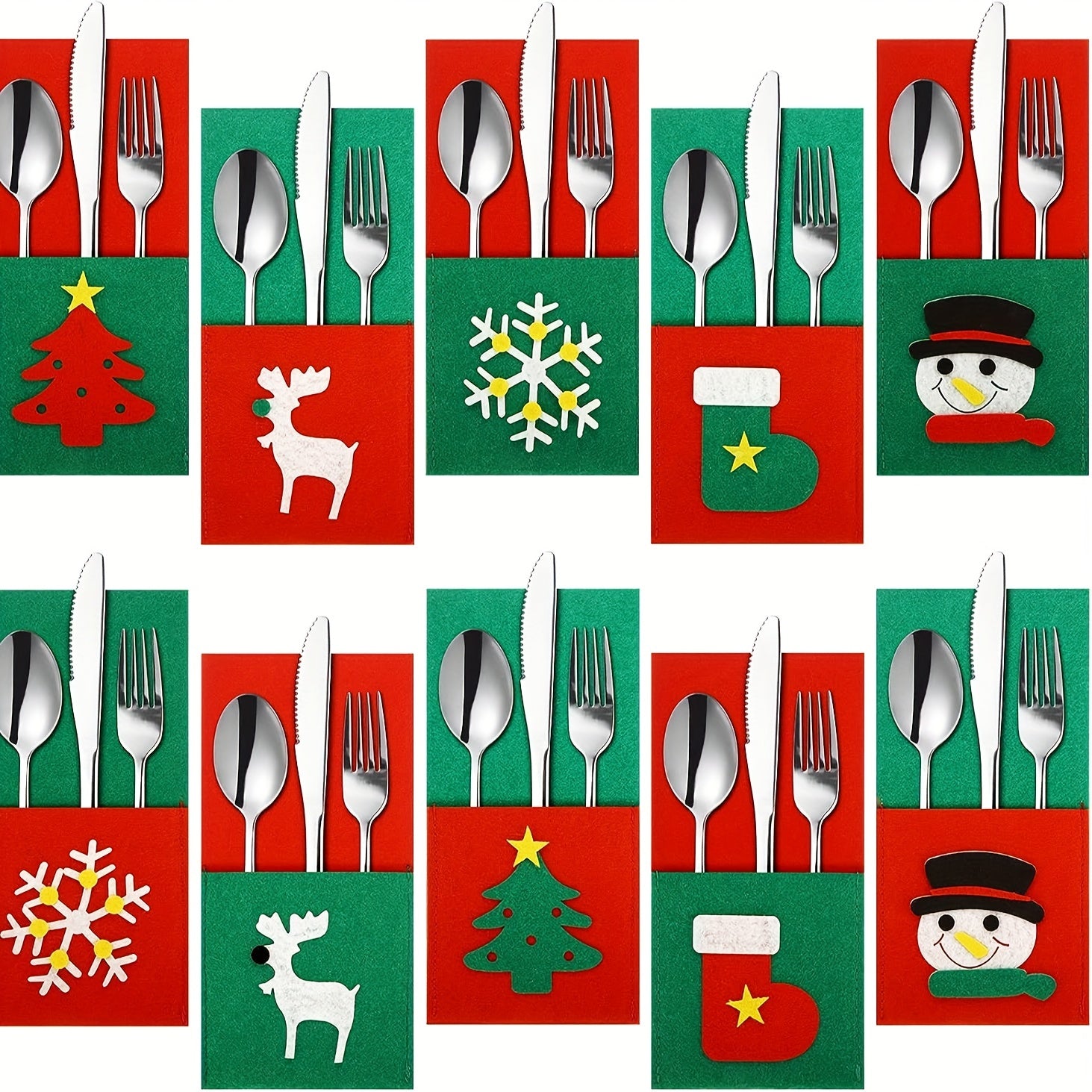 10pcs Christmas Felt Cutlery And Fork Bag Snowman Reindeer Stocking Cover