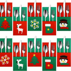 10pcs Christmas Felt Cutlery And Fork Bag Snowman Reindeer Stocking Cover